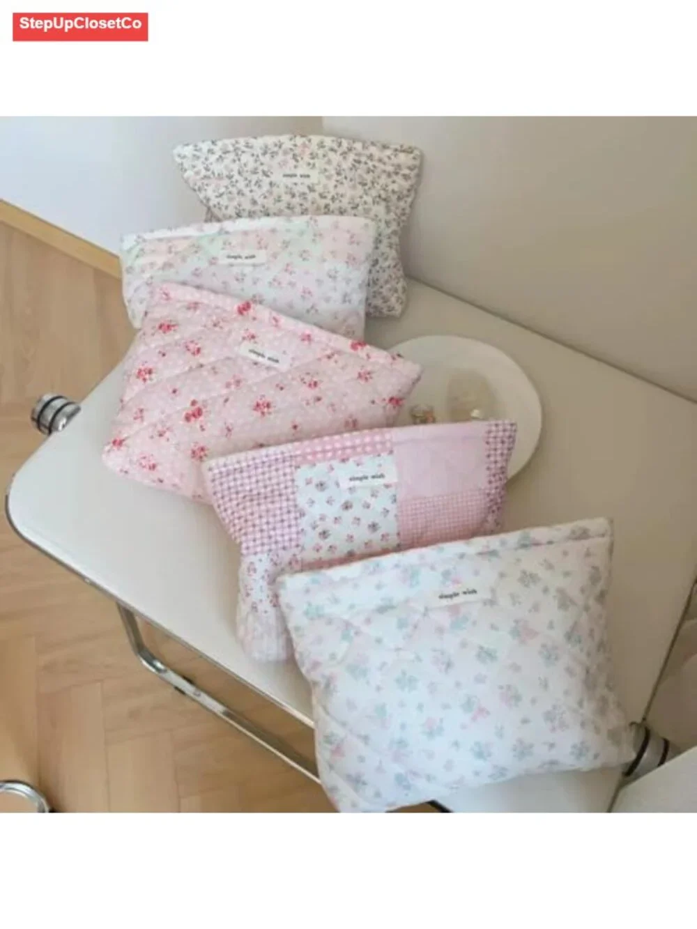 Quilted Cotton Makeup Bag Floral Cosmetic Pouch Travel Toiletry Organizer for